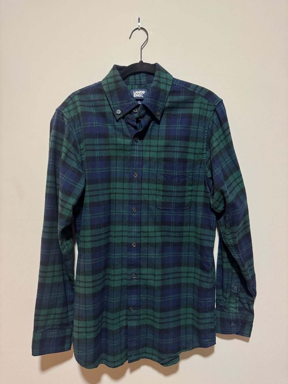 Lands’ End Men’s Small Green Navy Plaid Flannel Shirt Traditional Fit